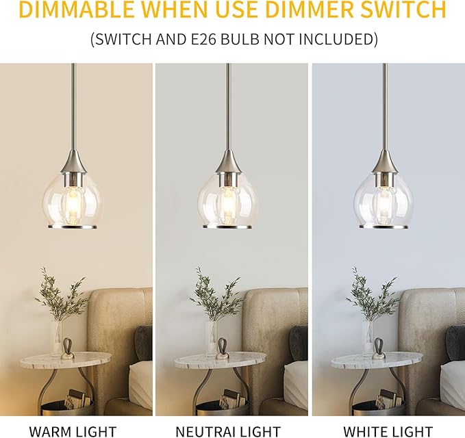 1-Piece Brushed Nickel Island Light for Kitchen, 1-Light Brushed Nickel Hanging Pendant Light with Clear Round Glass Shade for Dining Room,Bedroom