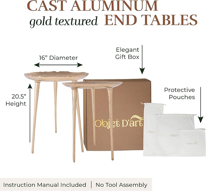 OBJET D'ART Small Round Gold End Table Set, Trieste Accent, Side, Pedestal, Cocktail and Drink Tables for Living Room and Small Spaces, Décor Set of 2, 21” and 18.5” Height