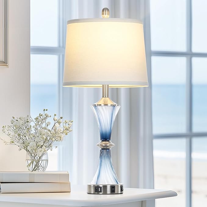 Blue Glass Table Lamp with USB C+A Ports & AC Outlet,Coastal Bedside Lamp for Night Stands Bedroom Living Room,Nightstand Lamp LED Bulbs Included,Single Blue