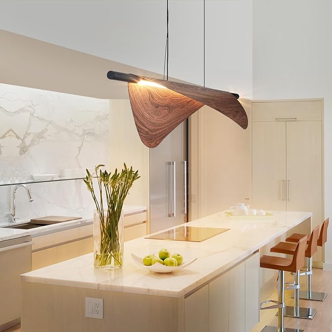 Walnut Pendant Lights Kitchen Island 39.4In Dimmable Wood Grain Linear Kitchen Chandeliers Over Table Hanging Light Fixture for Dining Room