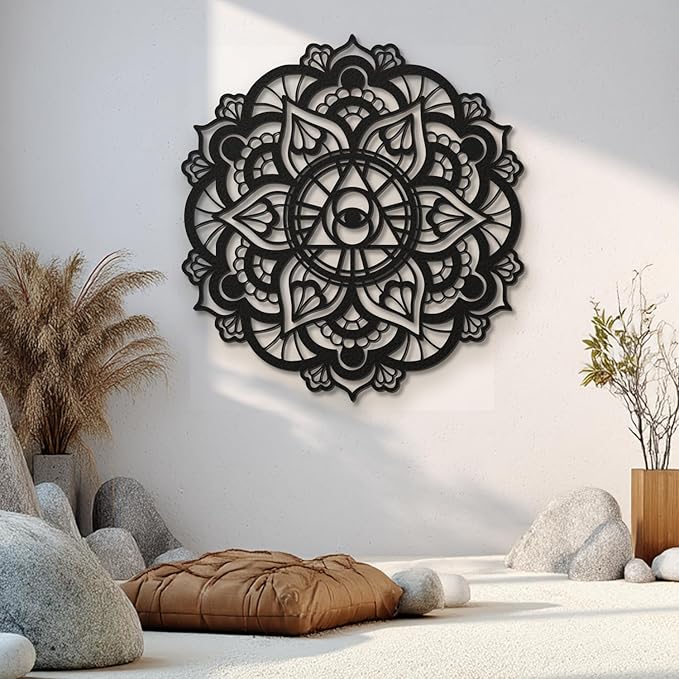 XXQ Mandala Eye of Providence Metal Wall Art Sacred Geometry Design, Black and White Abstract Geometric Wall Sculpture for Living Room, Office, Meditation Room (Black, 19" x 19" / 47 x 47 cm)