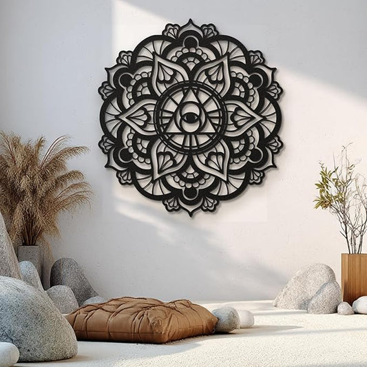 XXQ Mandala Eye of Providence Metal Wall Art Sacred Geometry Design, Black and White Abstract Geometric Wall Sculpture for Living Room, Office, Meditation Room (Black, 31" x 31" / 80 x 80 cm)