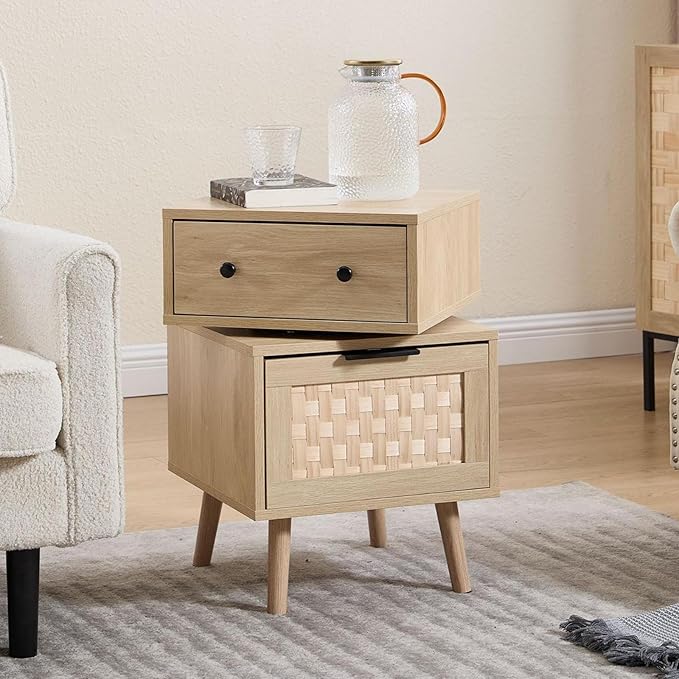 Bonzy Home Nightstand with Storage, 23" Side Table with Woven Doors, Bedside Table with 360° Rotating for Living Room, Bedroom, Oak