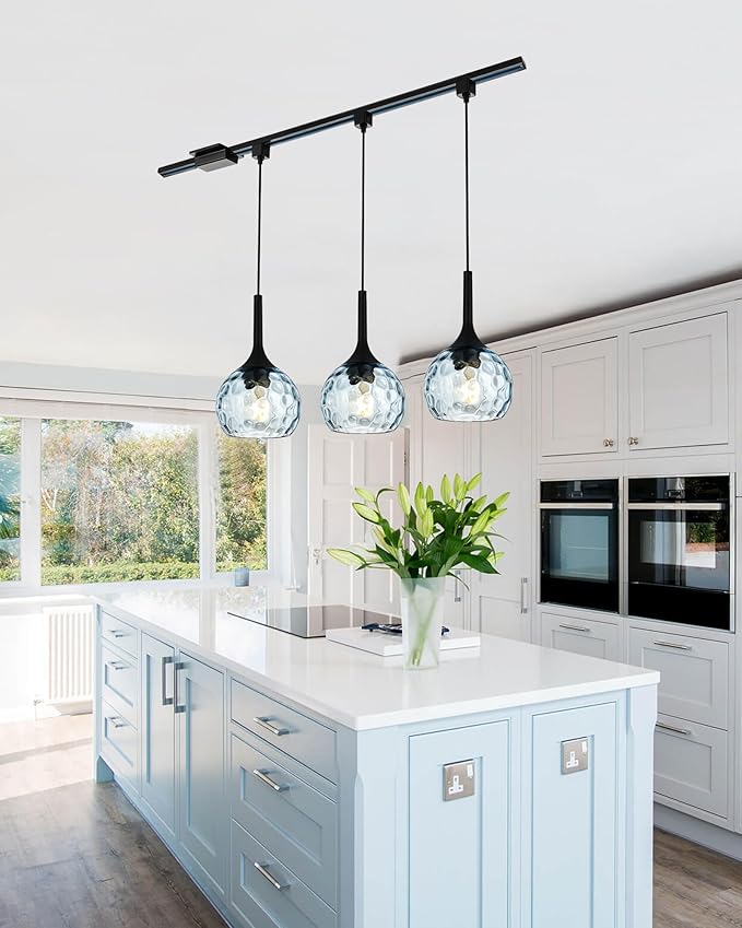 VINLUZ 3 Pack Pendant Light with Blue Round Ribbed Glass Shade, H-Type Track Lighting Fixture Farmhouse Chandelier for Dining Room in Black Finish