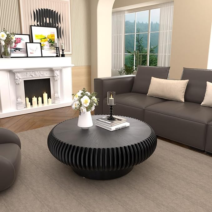 31.5" Drum Coffee Table Modern Unique Fluted Tea Table Contemporary Wood Round Coffee Table with Fluted Centry Table for Living Room Walnut (31.5" Black)