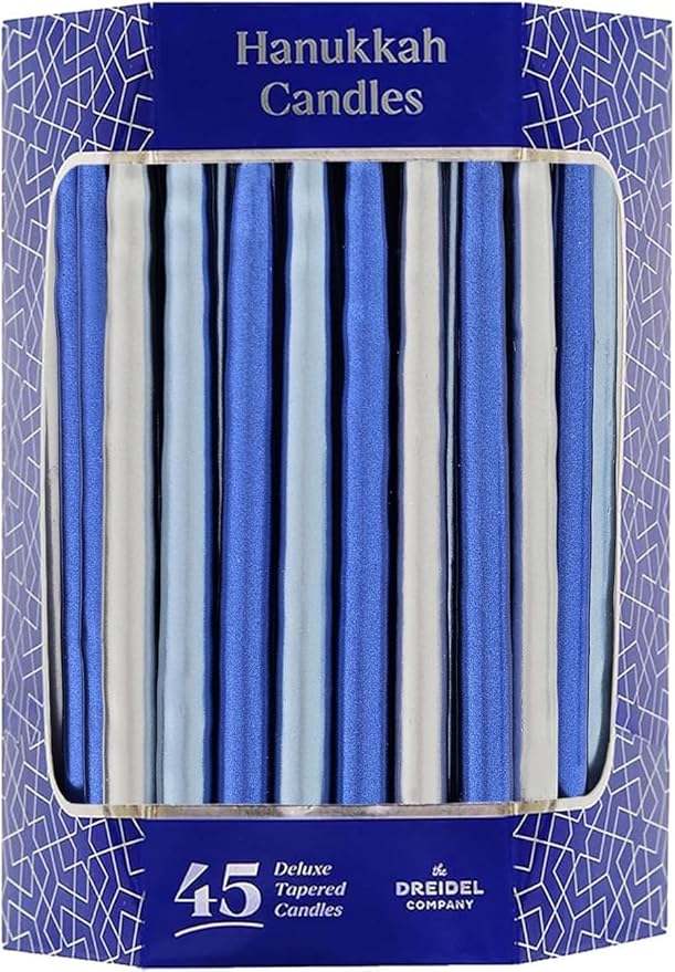The Dreidel Company 45 Metallic Hanukkah Candles Frosted Premium Tapered Hand Decorated Chanuka Candles (Metallic Blue & Silver) (24-Pack)