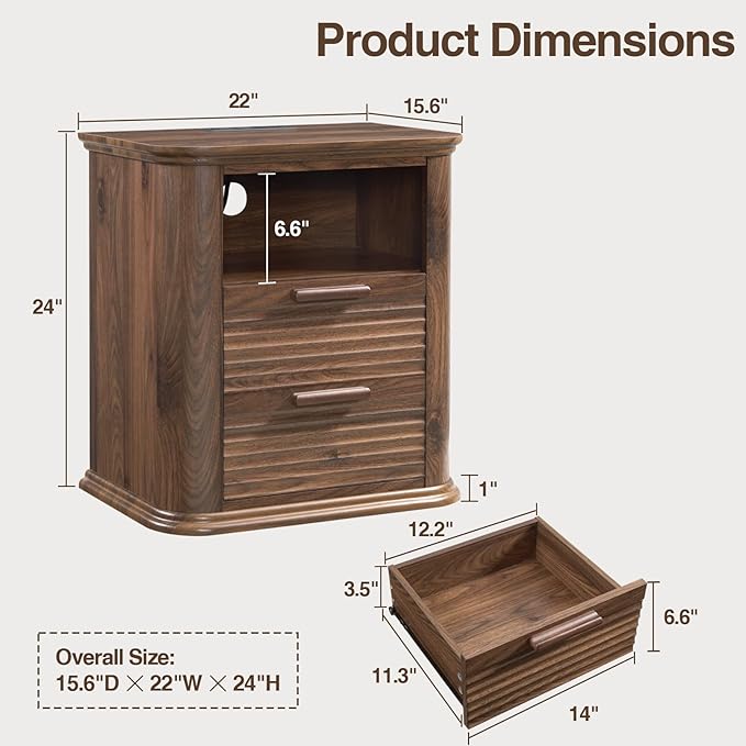 Okvnbjk 22" Fluted Night Stand with Charging Station, Modern End Table with 2 Drawers & Open Storage, Stylish Bedside Table for Living Room, Bedroom, Side Tables Curved Profile Design, Dark Walnut