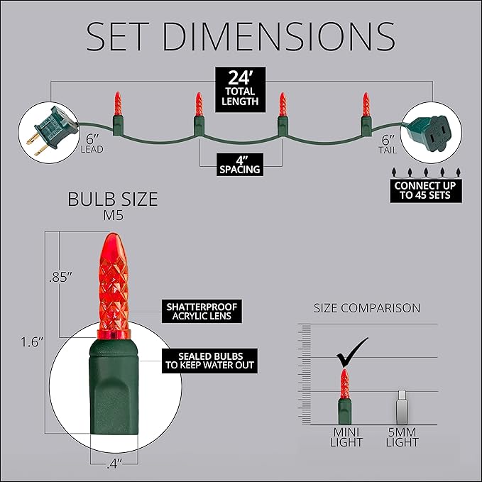 M5 LED Mini Ice Red Prelamped Light Set, Green Wire - 70 M5 Red LED Christmas Lights, 4" Spacing