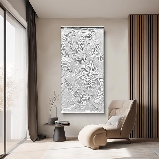 BrightA Large-scale white abstract wall artworks, wood wall decor for living room and office, horizontal wall art three-dimensional relief sandstone hand-painted decorations 23.6"x47.2"