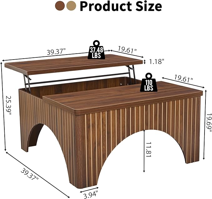 39'' Square Coffee Table with Storage, Farmhouse Lift Top Coffee Table for Living Room Fluted Wood Center Table Arched Dining Table with 2 Hidden Storage Compartment (Walnut)