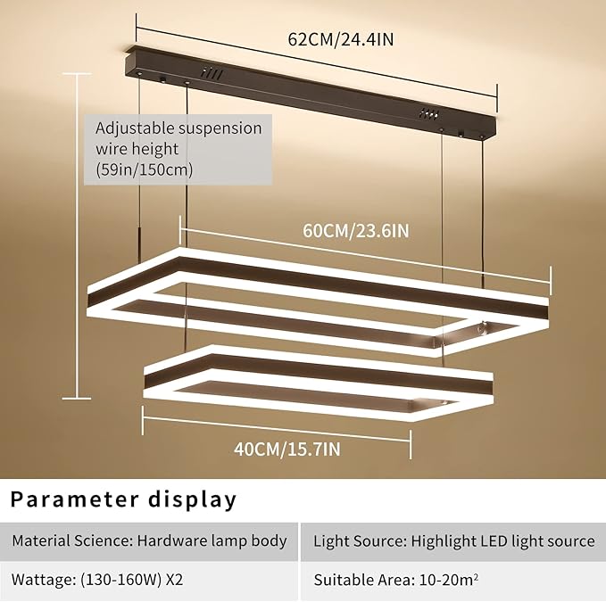 Modern LED Chandelier, Double Rectangles Ceiling Pendant Lights, LED Island Lights Dimmable Chandeliers for Dining Room Living Room Bedrooms, Black (40CM/60CM)