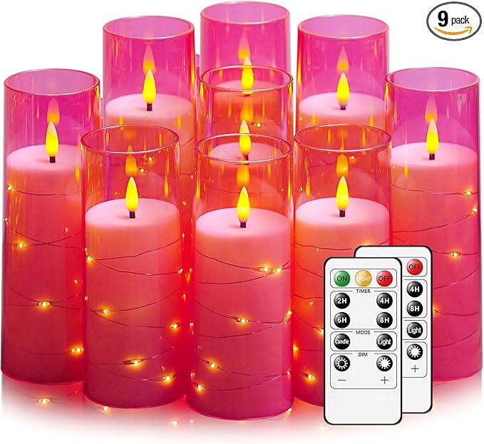 Flickering Flameless LED Candles,Battery Operated Candles 9 Pcs with Embedded Star String,Acrylic LED Pillar Candles with Remote,Suitable for Home Decoration to Create an Atmosphere (Pink)