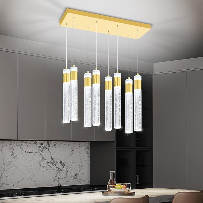 8-Lights Gold Hanging Pendant Light for Kitchen Island Modern Dimmable LED Crystal Chandeliers for Dining Room Bedroom Living Room Over Table Adjustable Height