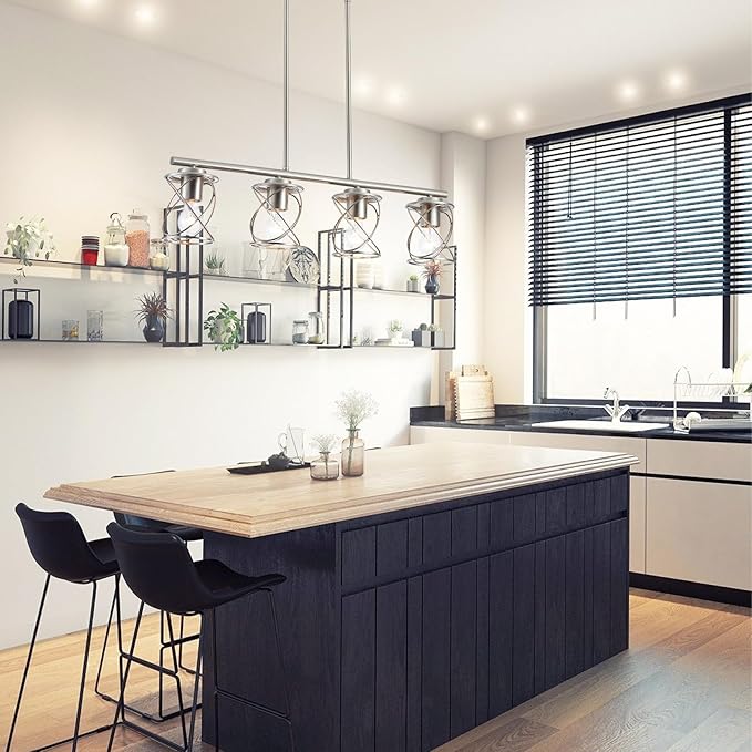 Kitchen Island Light, 4-Light Dining Room Lighting Fixtures Hanging, Farmhouse Linear Pendant Light for Kitchen Island Table Living Room with Adjustable Rods, Brushed Nickel