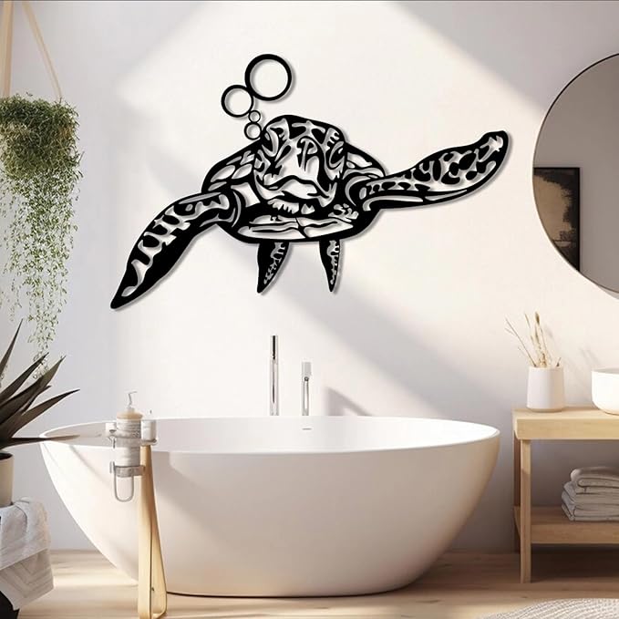 Metal Sea Turtle Wall Art, Metal Turtle Wall Decor, Coastal Wall Art, Nautical Wall Hanging, Turtles Outdoor Decor, Ocean Wall Sculpture, Beach Theme Decorations, Bathroom Art (Silver, 24"x16"/60x40cm)