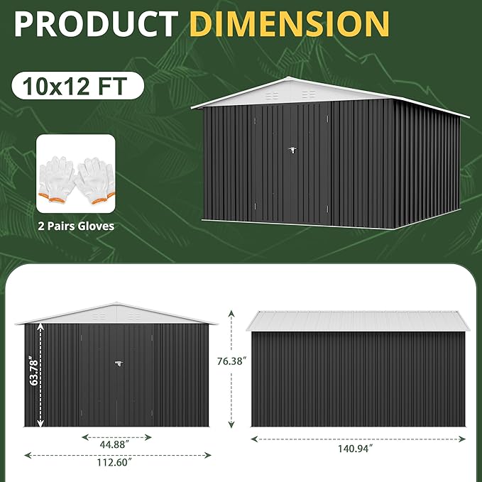 Polar Aurora 12x10 FT Outdoor Storage Shed, Metal Garden Shed with with Updated Frame Structure, Tool Sheds for Backyard Garden Patio Lawn, White