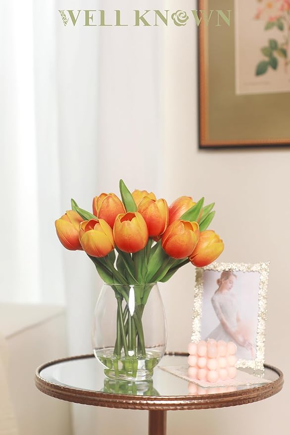 WELL KNOWN 12 Pcs Tulips Artificial Flowers in Vase, Real Touch Tulips with Vase with Upgrate Acrylic Water Flower Arrangements Centerpiece for Dining Room Table Decoration（Orange）