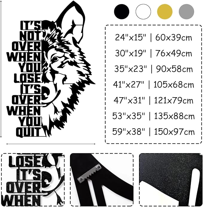 Motivational Wolf Metal Wall Art, Metal Wolf Wall Decor, Metal Inspirational Wall Art, Wolf Sculpture, Positive Quotes Wall Decor, Success Wall Art, Wall Decor Living Room Office (White, 53"x35" | 135x88cm)