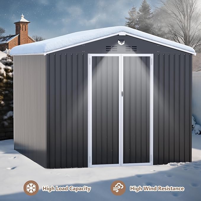 10X12 FT Outdoor Storage Shed, Metal Garden Shed - Tool Storage Sheds with Lockable Doors, Waterproof Outside Storage Building for Backyard, Patio (Black; Floor Not Included)