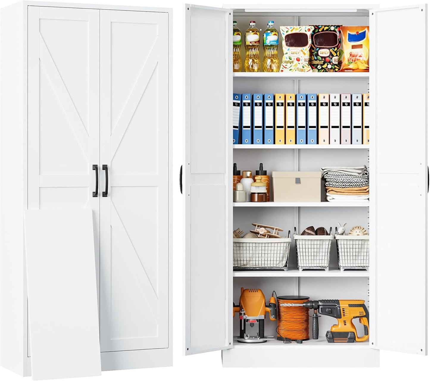 SISESOL Metal Storage Cabinet with 2 Doors and 5 Shelves,61 inch White Pantry Storage Cabinet,Large Farmhouse Pantry Cupboard for Home,Kitchen,Dining/Living Room