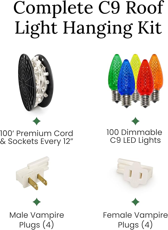 Pro Christmas C9 LED Christmas Light Kit for Rooflines & Pathways – DIY Cut to Length, Outdoor Commercial Grade (White Wire w/Vampire Plugs, 100 Bulbs, 100 ft) Warm White and Red