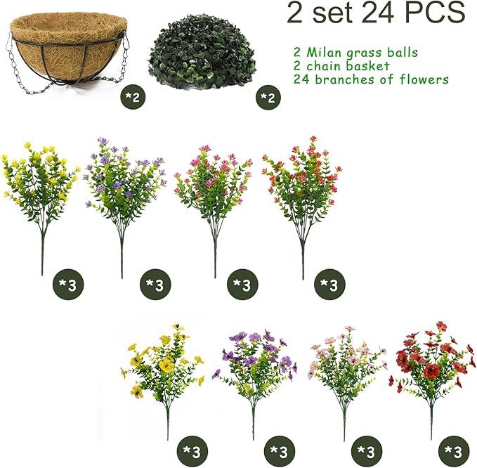 Artificial Hanging Plants Flowers with Basket 2 Packs, Artificial Hanging Flowers for Outdoors, Faux Hanging Plants Outdoor, Fake Flowers, Yellow+Purple+Pink+Red