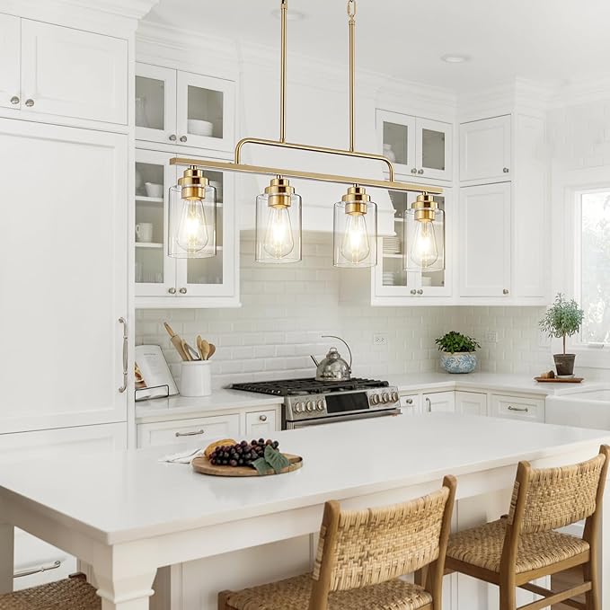 Dining Room Light Fixture - Brushed Gold 4-Light Farmhouse Chandelier Kitchen Island Lights Fixtures Modern Linear Chandeliers Hanging Pendant Lighting Over Table for Dining Room