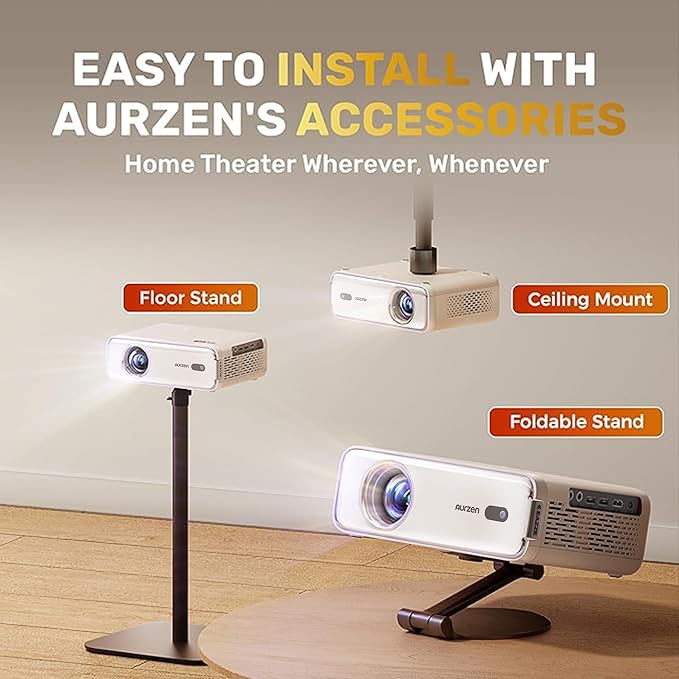 Aurzen EAZZE D1 Smart Projector with WiFi and Bluetooth, Christmas Gifts, Netflix-Officially-Licensed, Auto Focus & Keystone, DoIby Audio, Native 1080P Movie, Portable Outdoor Mini Projector, White