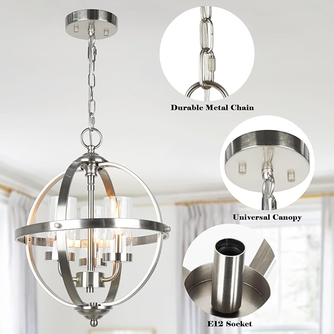 Treekee Chandeliers for Dining Room, 13.4'' Nickel Modern Orb Chandelier, 3-Light Hanging Light Fixture, Adjustable Pendant Light Fixture for Living Room Entryway Foyer