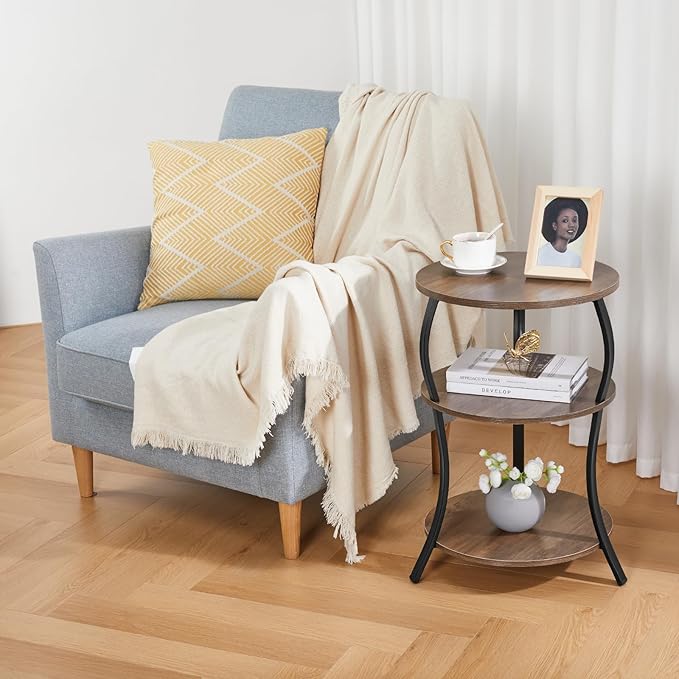 Round Side Table, 3-Tier Waist End Table with Storage Shelf, Side Tables Living Room,15.75x24’’Round Table, Sofa Side Table, Snack Table TV Tray Table, Vintage Nightstand for Bedroom,Grey