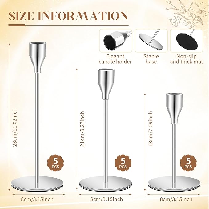 30 Pcs Silver Candlestick Holders with LED Flameless Candles Bulk Includes 15 Metal Candle Holders and 15 Battery Operated Candles for Wedding Table Centerpieces Home Decor