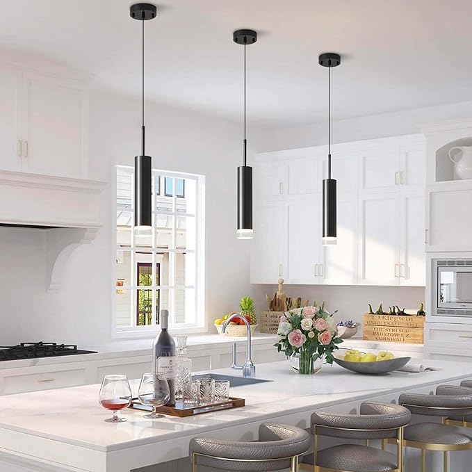 KCO Lighting Mid Century Modern Black Metal LED Pendant Light Nordic Minimalist Cylinder Hanging Kitchen Island Lighting Adjustable Mini Farmhouse Long Tube Dining Pendant Lighting