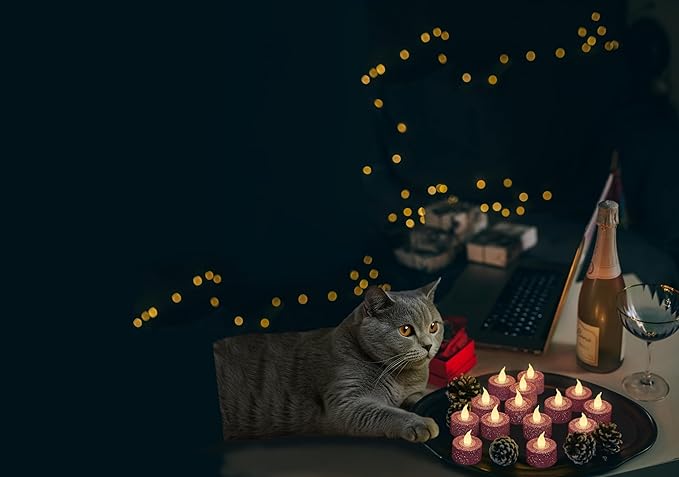 FURORA LIGHTING Pink Glitter LED Tealight Candles Pack of 12, Flameless Flickering Tealight Candles for Home Décor, 1.5’’(W) x 1.65’’(H), Battery Operated
