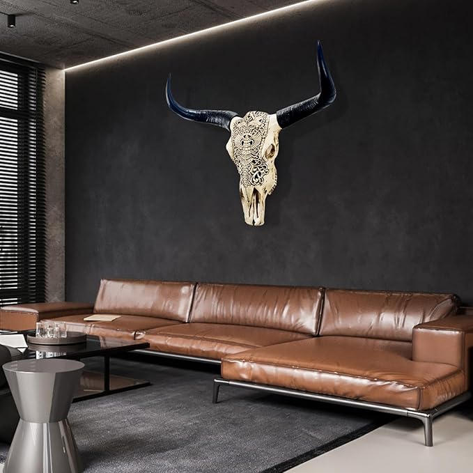 Cow Skull Wall Decor,Long Horn Cow Skull Wall Hanging,Cow Skull Wall Hanging Decor,Faux Taxidermy Head Wall Decor,Simulation Large Bull's Head Boho Style,Decor Wall Sculpture for Home Office (White)