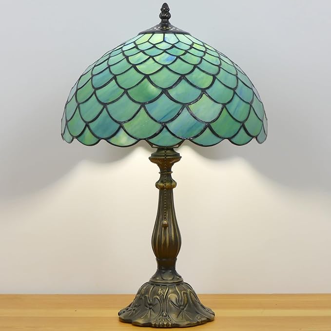 Tiffany Lamp Stained Glass Table Lamp Antique Bedside Reading Light W12H19 Inches (Fishscale Style)