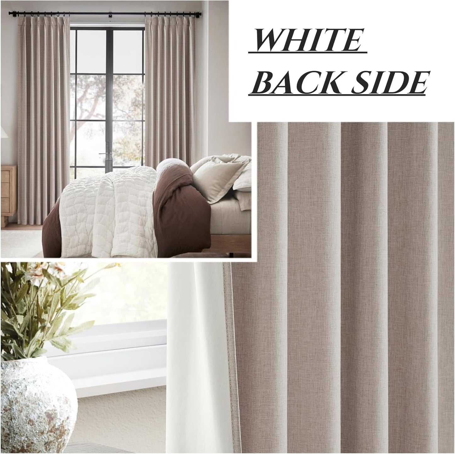 Thick Linen Blackout Curtains 105 Inches Long 2 Panels Set, Custom Length Heat/Draft Blocking Back Tab&Pinch Pleated Neutral Large Window Drapes for Office at Home Living Room Bedroom, W40"xL105"