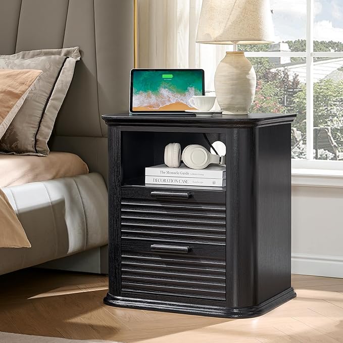 Okvnbjk 22" Wide Fluted Nightstand Set of 2 with Charging Station, 2 Drawer End Table w/Open Storage, Wood Bedside Table for Living Room, Bedroom, Modern Side Tables Curved Profile Design, Black