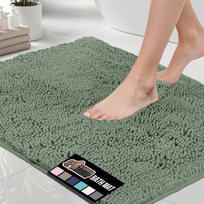 GORILLA GRIP Bath Rug Mat 36x24, Soft Absorbent Chenille, Quick Dry Microfiber Mats, Rubber Backing Washable Shower Floor Rugs, Bathmat Runner, US Designed Bathroom Home Decor Accessories Sage Green