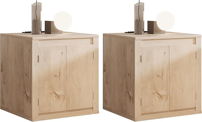 MINCETA End Table Set of 2, Modern Bedside Table with Charging Station and USB Ports, Rustic Wood Square Nightstand with Door for Living Room, Bedroom, Gray