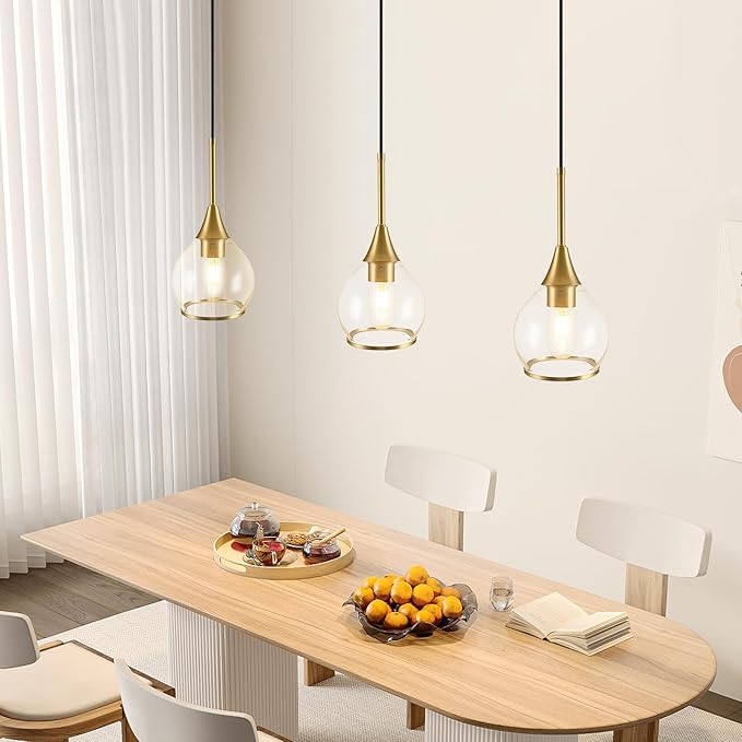 1-Piece Island Light for Kitchen, 1-Light Gold Kitchen Island Hanging Pendant Light, Brushed Gold Dining Room Light Fixture Over Table with Clear Round Glass Shades