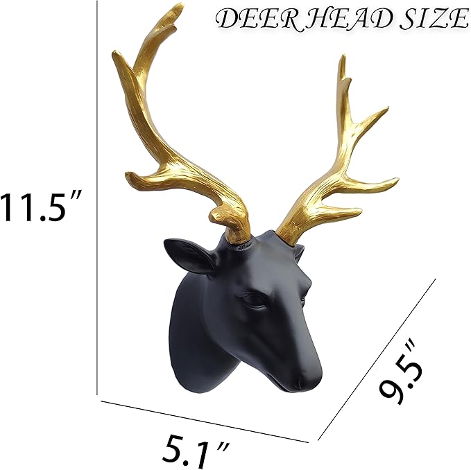 JoyEvy Deer Head Wall Decor-Wall Sculpture Resin Deer Head Gold Antler Faux Skull-Handmade Wall Art Hanging Rustic Animal Cottage Decor Home Cottage (9.5"*11")