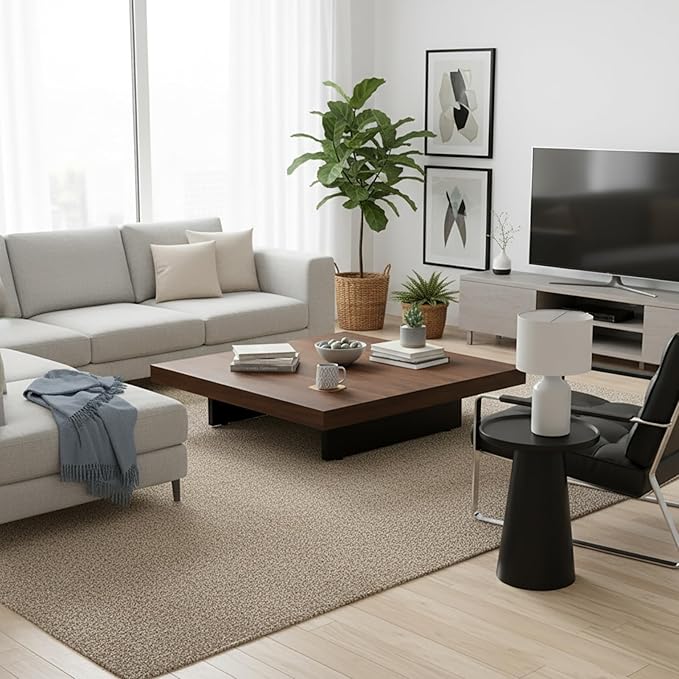 Modern Square Coffee Table for Living Room, Low Profile Wood Center Table with 2" Thick Tabletop & Optional Storage Tray, Sturdy Minimalist Design (31.5"/39.4" Black/Walnut)