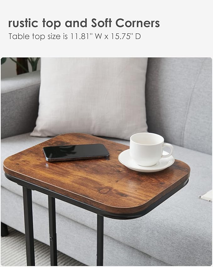 C Shaped End Table, 27 Inches High Small Side Table for Sofa and Bed, Couch Table Slides Under, Tall Tv Tray Table for Living Room, Bedroom, Metal Frame, Rustic Brown & Black