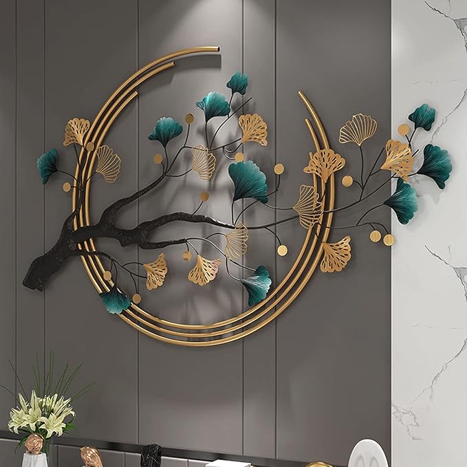 Futyli Large Metal Wall Art - 3D Modern Wall Sculptures, Vertical 53" Ginkgo Leaf Art for Living Room, Dining Room, Bedroom