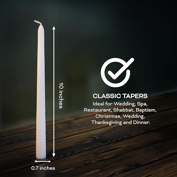 4 Pack 10-inch White Taper Candles, Unscented Smokeless Dripless Tall Candlesticks, for Home Decor, Dinner Table, Parties, Christmas, Thanksgiving, Wedding