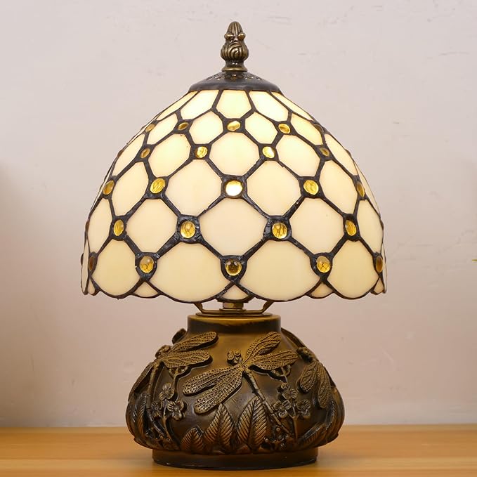 Small Tiffany Lamp Mini Stained Glass Table Lamp Cream Amber Pearl Style Mushroom Memory Sympathy Lamp 8X11 Inch