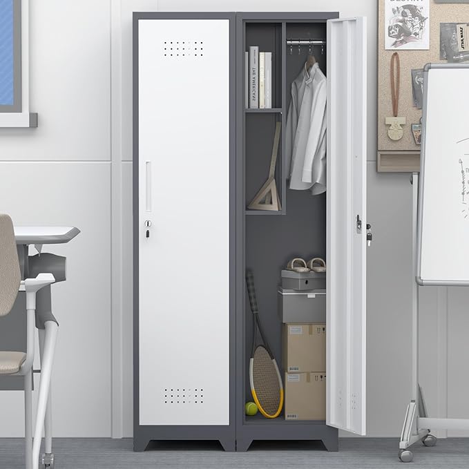 GREATMEET Slim Lockable Garage Storage Cabinet, Narrow Broom Storage Closet, 65" Metal Cleaning Tool Cabinet with Lock and Door,Utility Cabinets for Brooms and Mops for Laundry Room, White&Grey