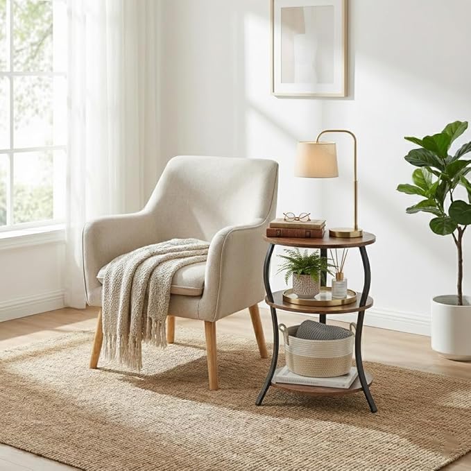 Round Side Table, 3-Tier End Table with Storage Shelf for Narrow and Small Spaces, Round Sofa Table Vintage Corner Tables for Living Room,Bedroom Nightstand/Rustic Brown