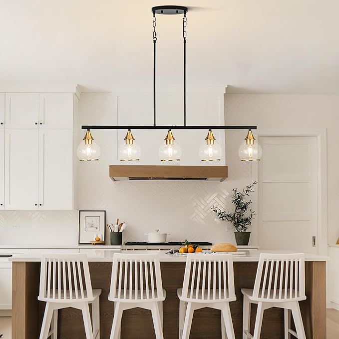 Island Light for Kitchen, 5-Light Black Kitchen Island Linear Hanging Pendant Chandeliers, Black and Gold Dining Room Light Fixture Over Table with Clear Round Glass Shades