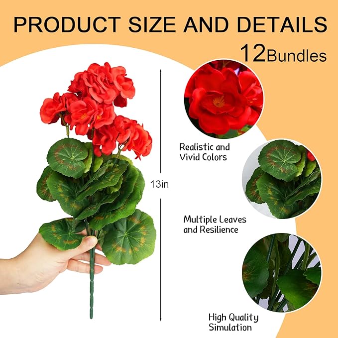 6 Bundles Artificial Flowers for Outdoors, Faux Geraniums Artificial Flowers Realistic, Faux Plants Outdoor UV Resistant for Garden Patio Porch Window Box Home Indoor Outdoor Decor (12, Red)